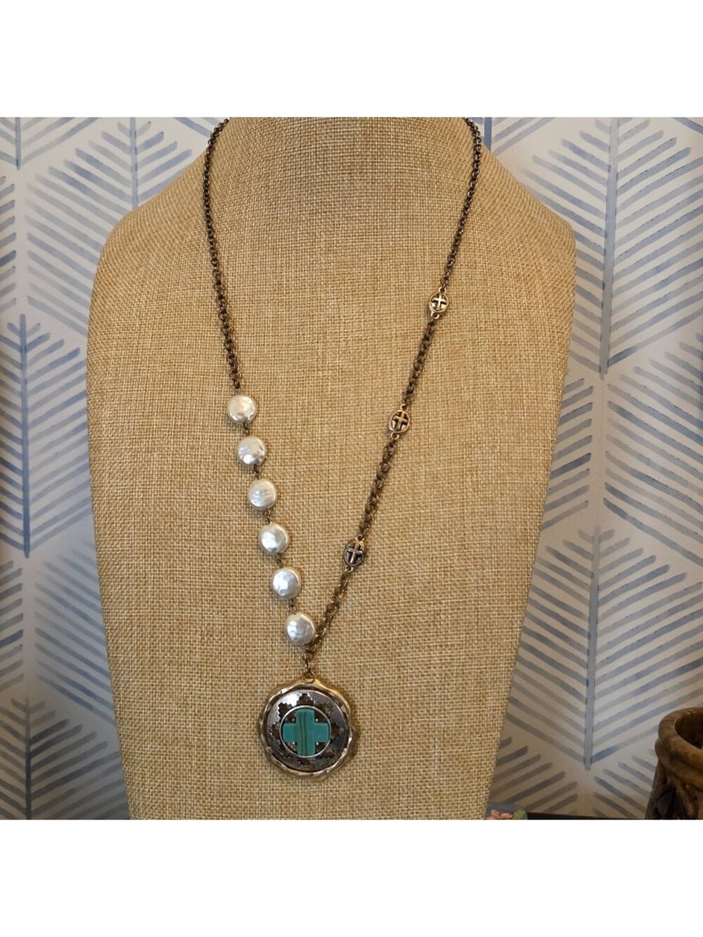 Altar'd State Blue Howlite Cross w/ Pearl Beaded Brass Tone Chain 28" Necklace